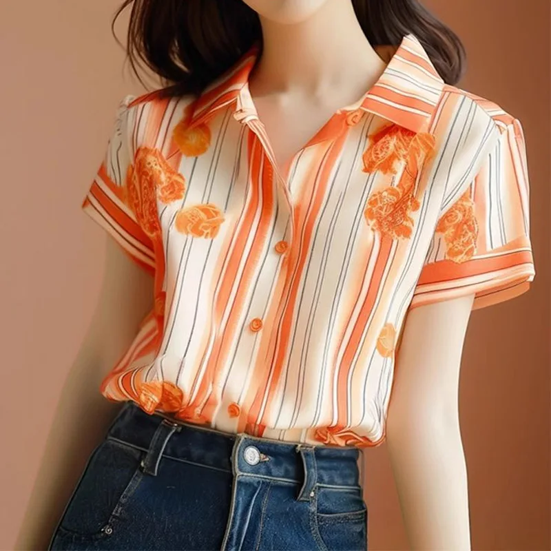 

Striped Printing Shirt for Women Elegant Loose Short Sleeve Polo Neck Loose Youth Blouse Summer New Temperament Trend Clothing