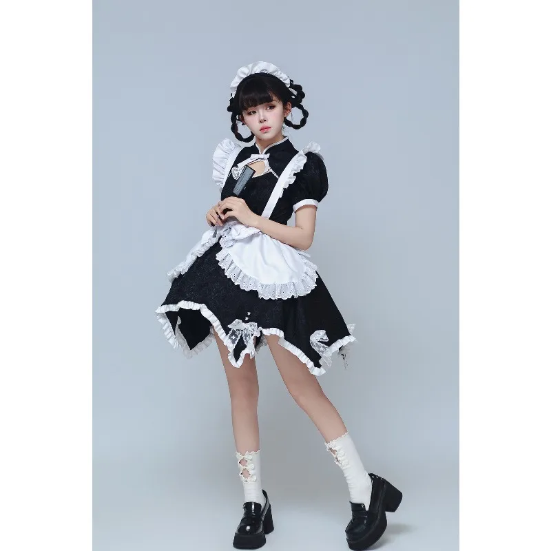 Chinese Style Maid Dress Sweet Lolita Cosplay Outfit Lace Ruffle Apron Costume With Maid Headpiece S-5XL - view 5