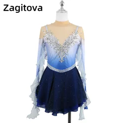 Custom Figure Skating Dress Light Blue Long Sleeved For Women And Girls Ice Skating Clothes Floating Sleeves With Rhinestones