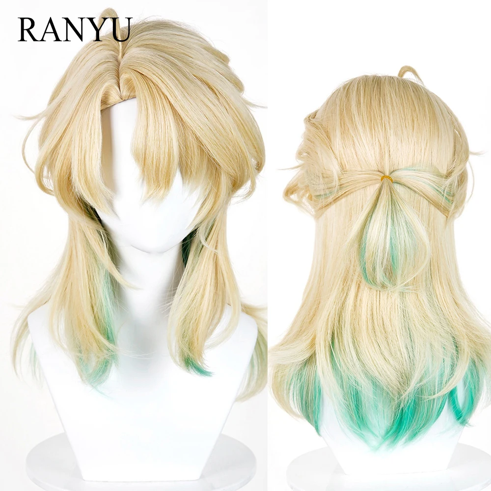 

Short Straight Blonde Ombre Green Synthetic Wigs with Bangs Anime Game Cosplay Fluffy Wig for Daily Party