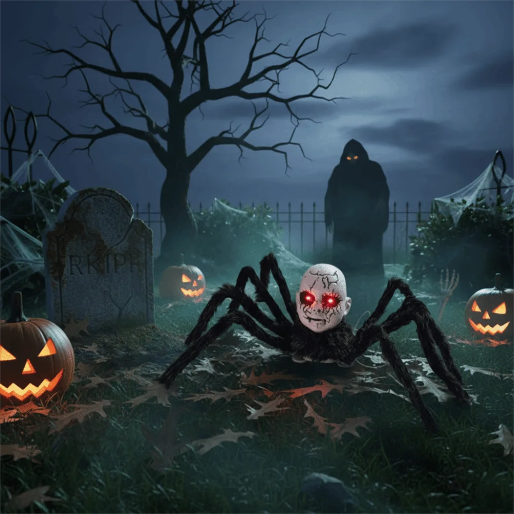 Glowing Eye Halloween Electric Walking Spider Plush Leg Folding Yard Spider Decorations Large Size Sound Activated