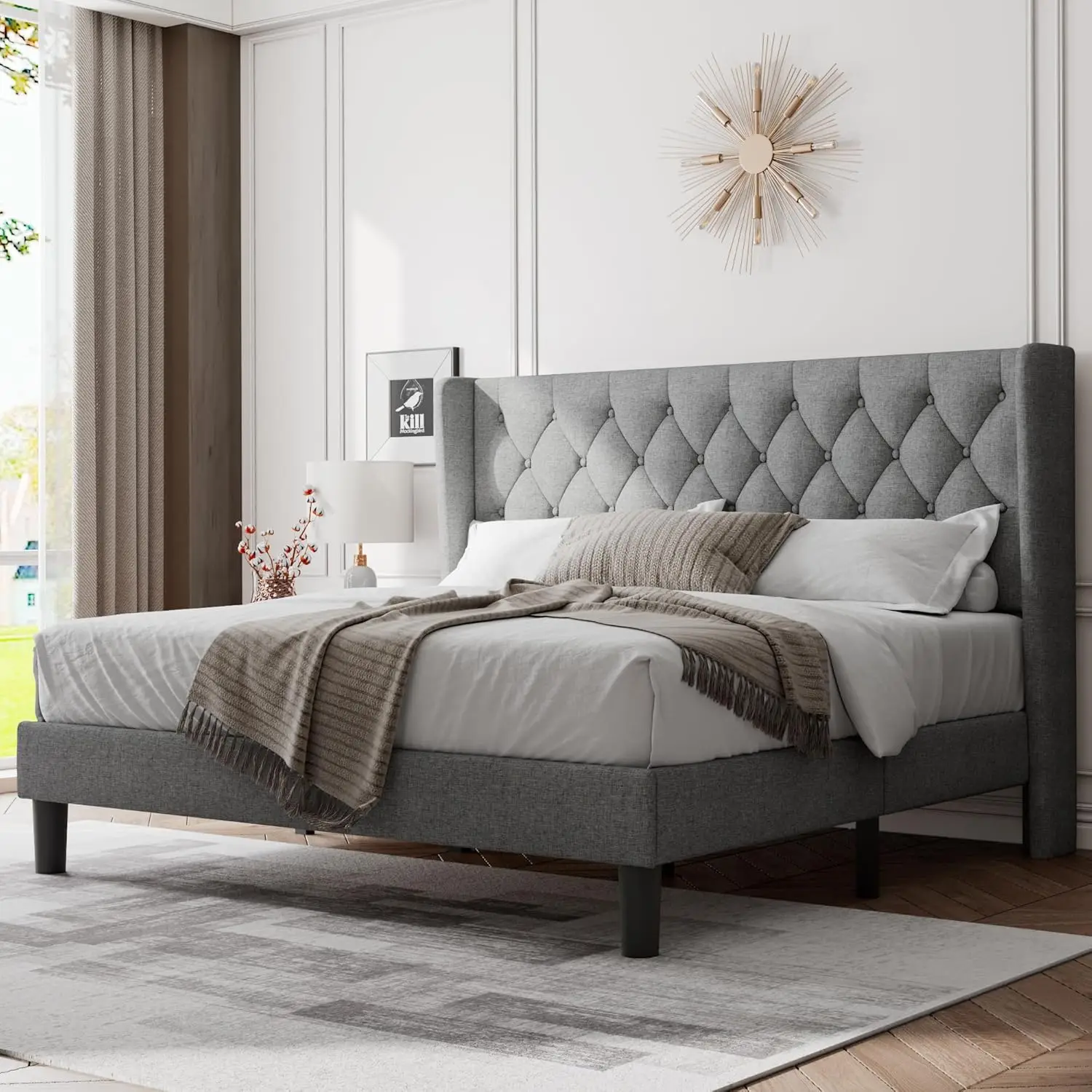 King Size Bed Frame with Wingback, Upholstered Platform Bed with Diamond Tufted Headboard, Heavy Duty Bed Frame