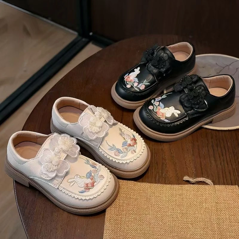 Girls Embroidered Loafers, Floral Bunny Embroidery Lace Trim Slip-On Platform Mary Jane Shoes, Non-Slip Soft Sole Dress Shoe