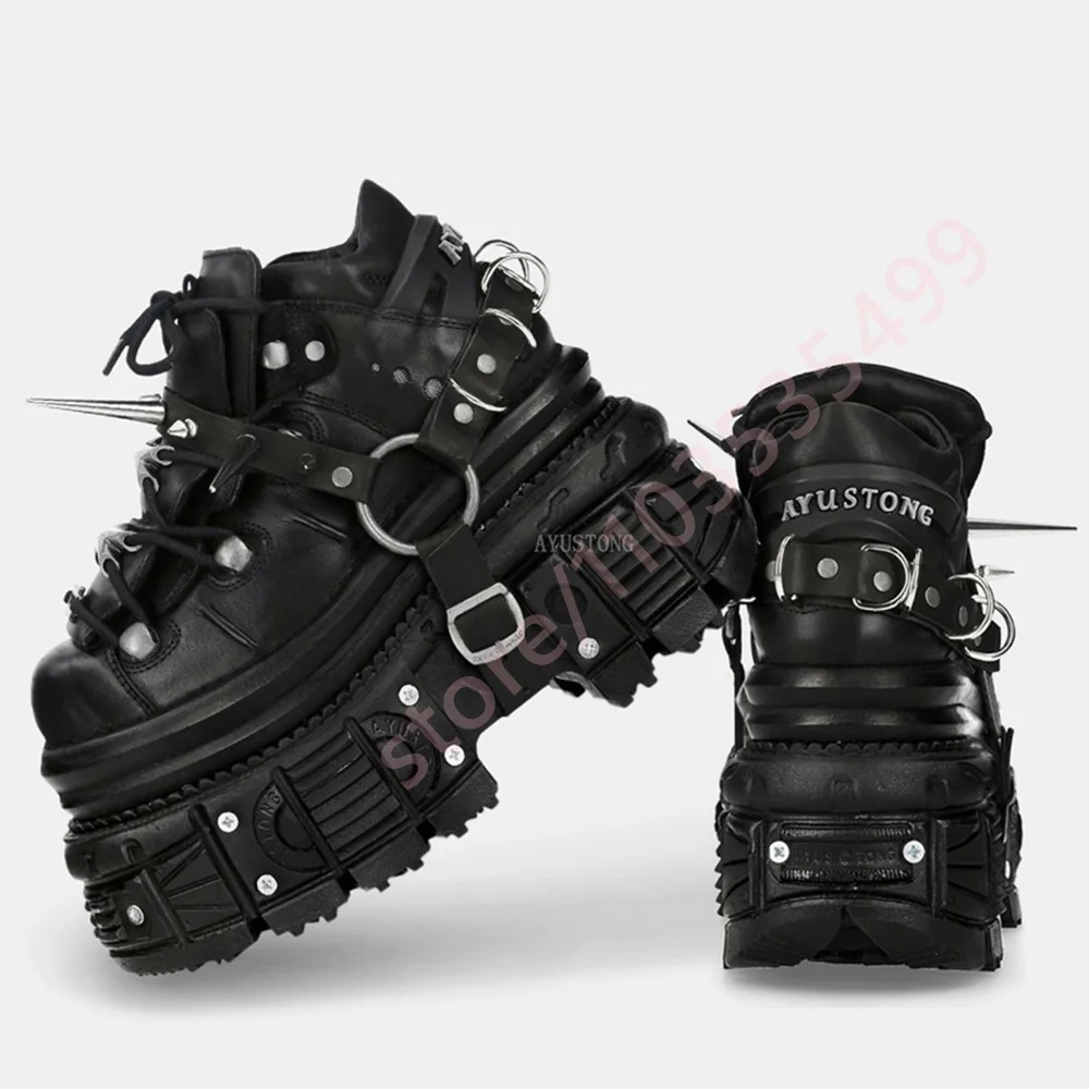 2026 New Black Gothic Punk Platform Sneakers Women Spiked Rivet Metal Ring Buckle Lace Up Chunky Thick Sole Y2K Streetwear Shoes view 5