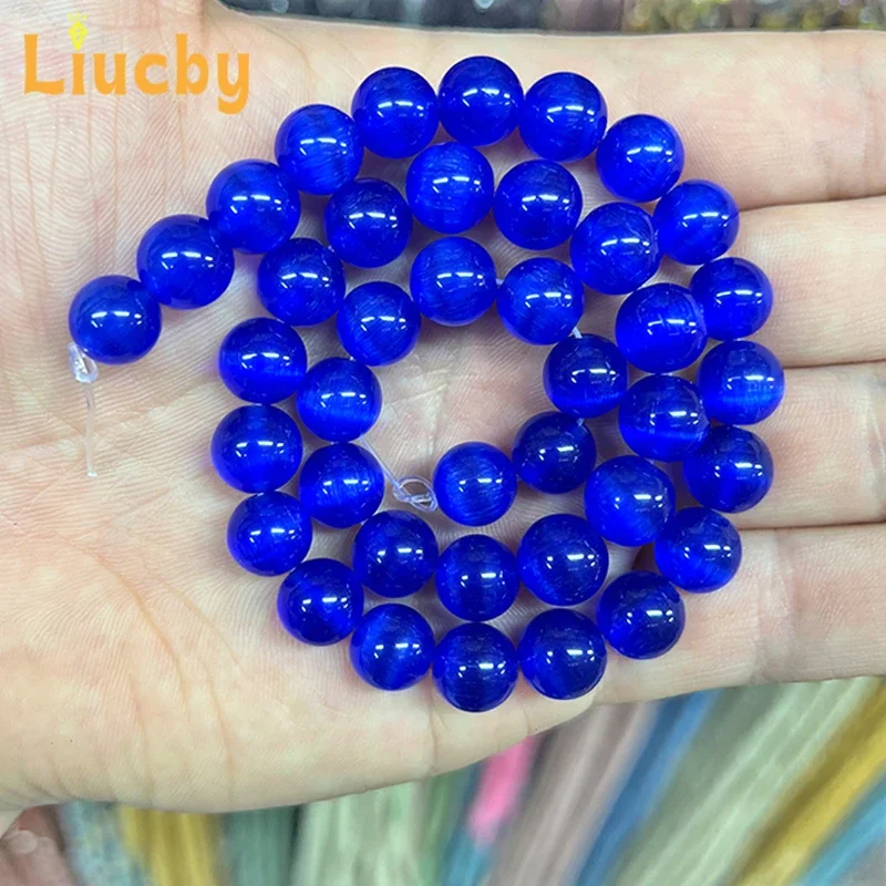 Lapislazuli-blaue, runde Perlen im „Katzenaugen“-Design, aus Naturstein, handgefertigt, zum Selbermachen von Schmuck, zum Beispiel für Armbänder, 15 Zoll lang, in den Größen 4/6/8/10/12 mm. – Detail 7