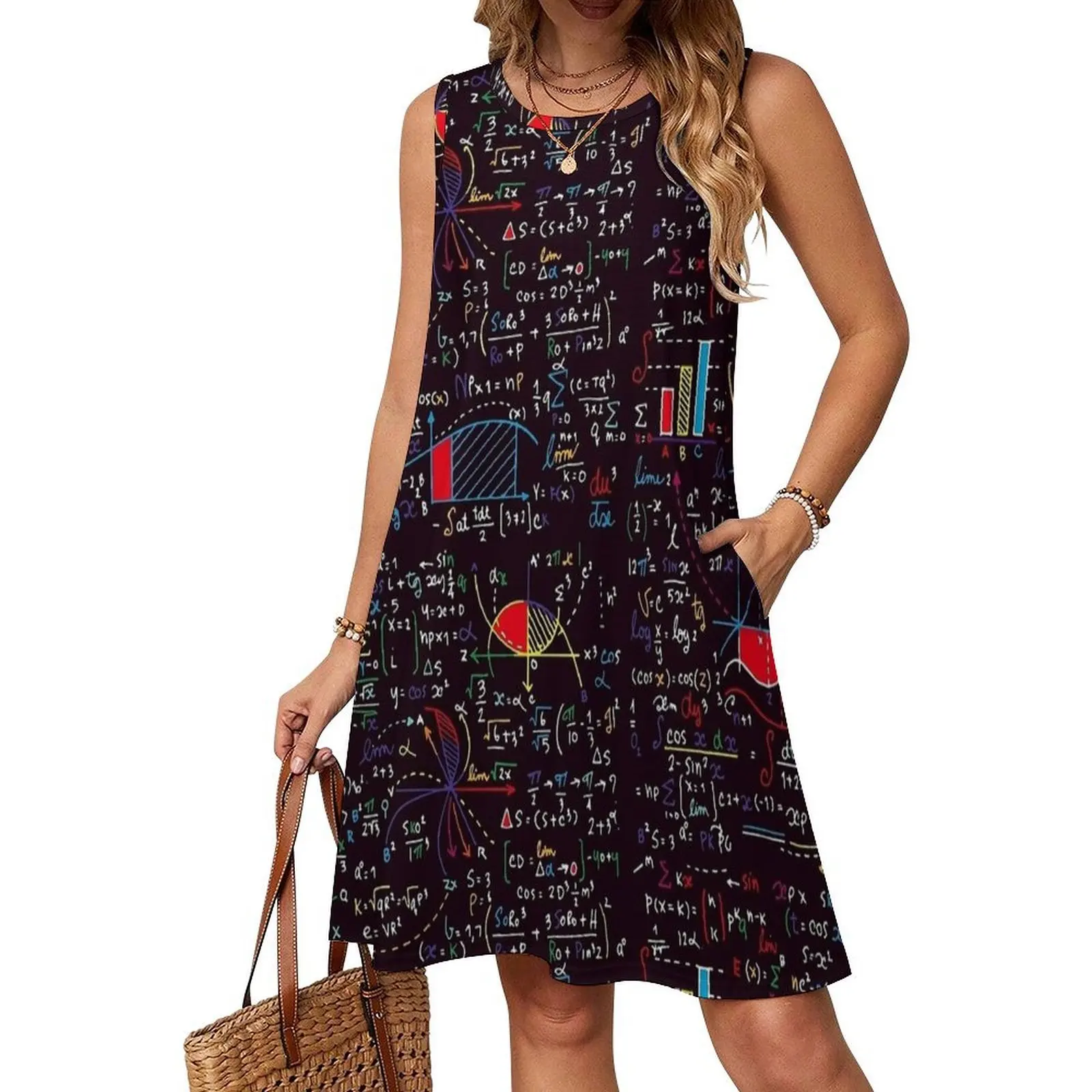 Colorful Math Formulas Casual Dress Street Fashion Dresses Spring Printed Boho Beach Dress Wholesale Sleeveless Clothing
