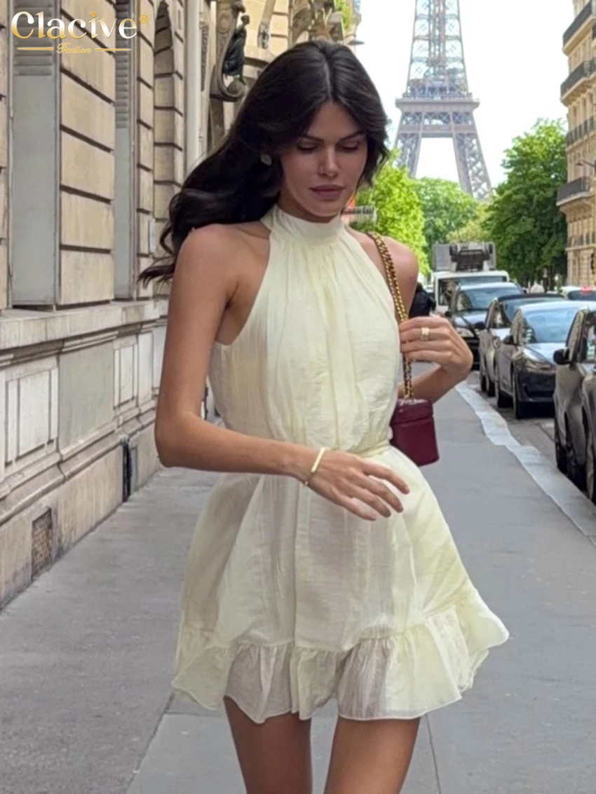 Clacive Modisches Schlankes Gelbes Damenkleid 2026 Sommer Stehkragen Ärmelloses Minikleid Elegantes Klassisches Plissiertes Damenkleid