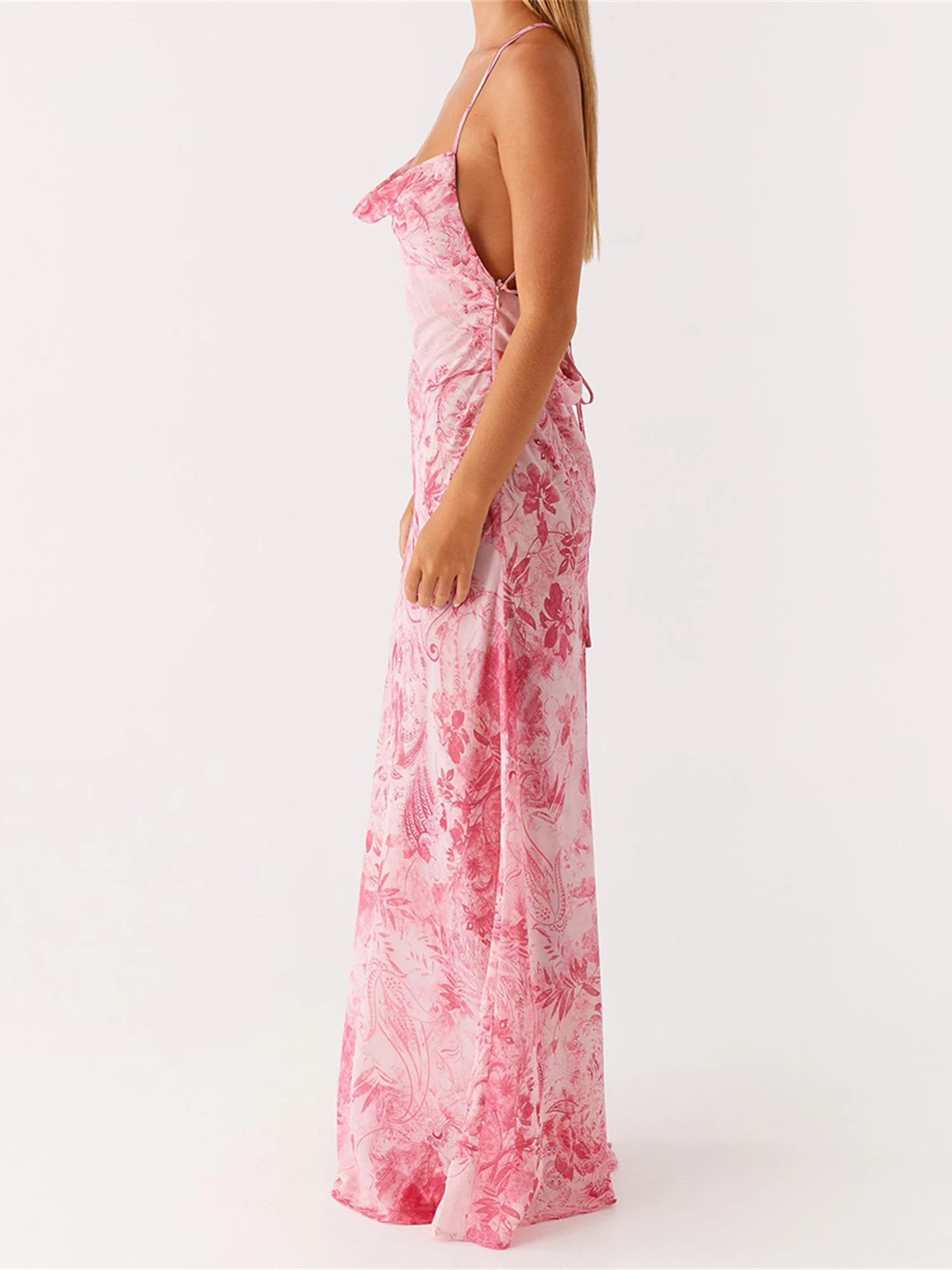 Elegant Sleeveless Floral Print Maxi Dress with Cowl Neckline and Open Back Tie Detail for Evening Party or Clubwear