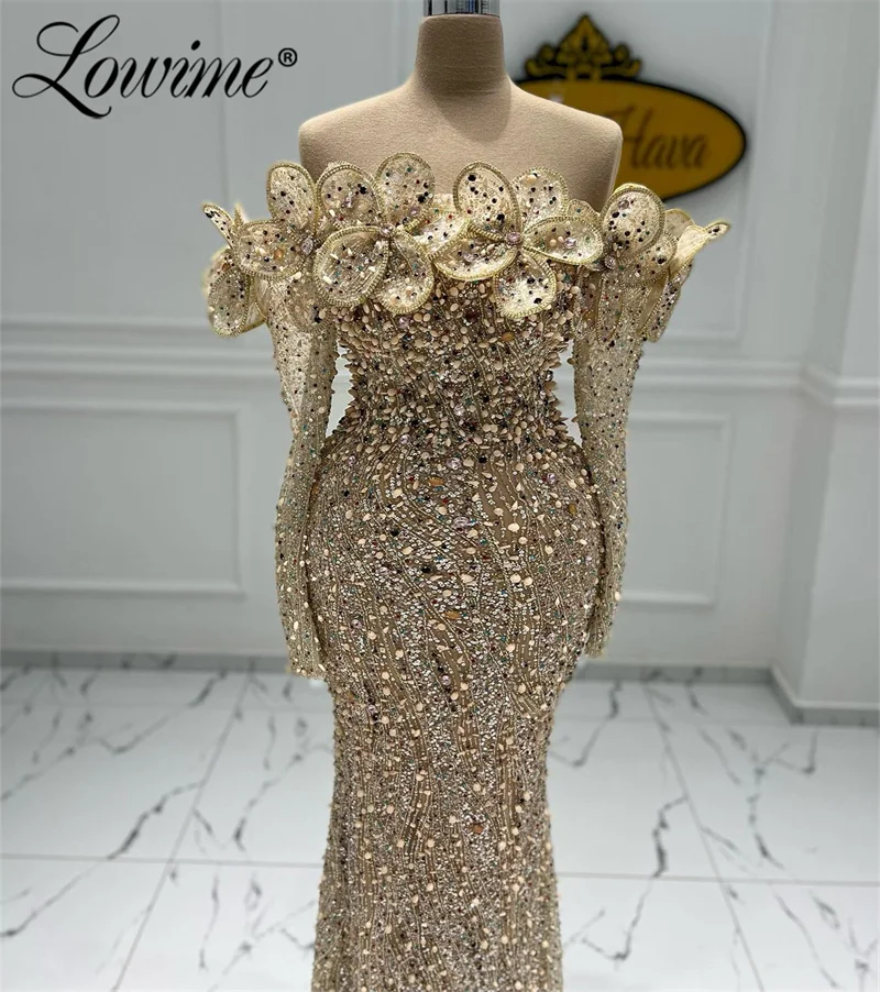 Champagne Arabic Evening Dresses 2024 Long Sleeves Full Beading Handmade Flower Mermaid Wedding Party Dress Crystals Prom Gowns