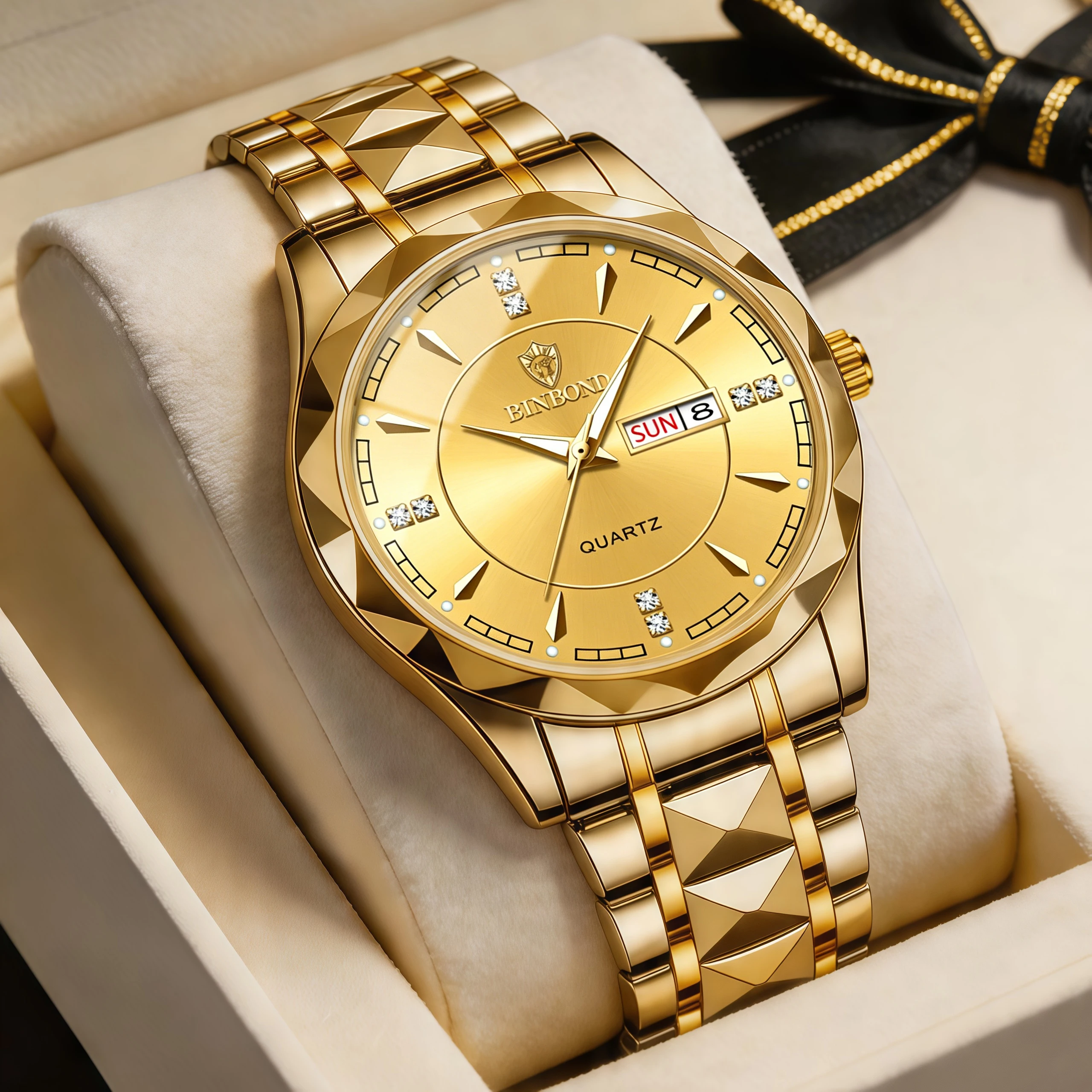 BINBOND Business Men Quartz Watch Stainless Steel Strap Complete Calendar Water-Resistance Week Display Suitable Birthday Gift
