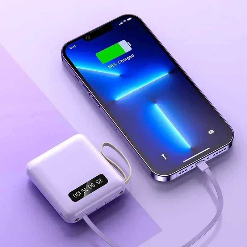 Chargeur de batterie externe mobile, mini banque d'alimentation, charge super rapide avec 4 câbles, iPhone, Samsung, Xiaomi, 4 en 1, 50000mAh