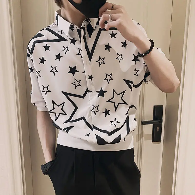 Elegant Fashion Harajuku Slim Fit Ropa Hombre Loose Casual All Match Shirt Pointed Collar Printed Button Middle Sleeve Blusa