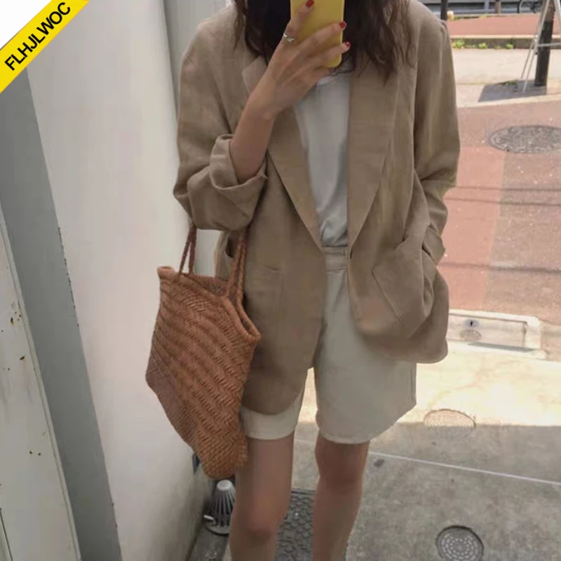 Chic Korea Design Korea Style High Street Cotton Linen Outerwear Women Cute Office Lady Button Notched Jackets Coat Blazer