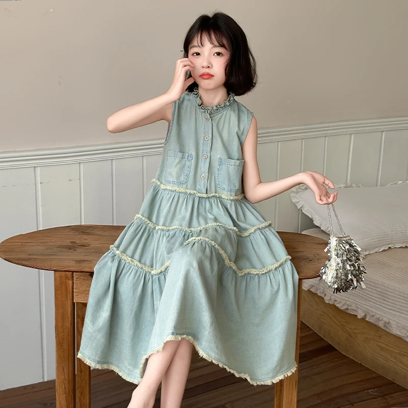 Girls Denim Dress Summer 2026 Ruffle Collar Raw Edge Tiered Layer Pocket A Line Sleeveless Dress for Children 110-170cm 20-50kg