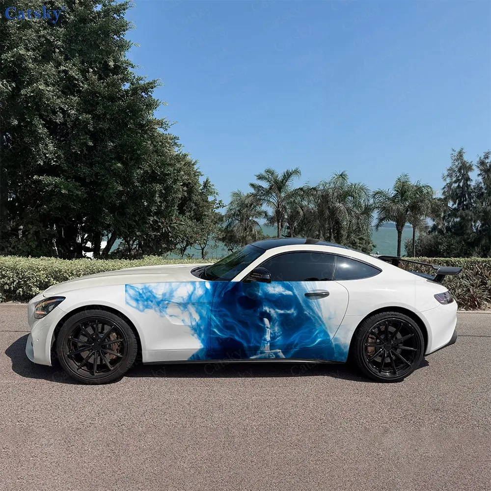 2pcs Blue Flame Skull Silent Gesture Car Side Wrap, Self-Adhesive PVC Waterproof & Scratch-Resistant Sticker, Car Accessory Gift