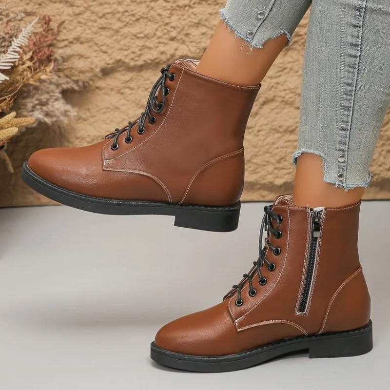 

New fashionable and versatile British-style lace-up ankle boots, solid color side zipper flat leather boots for winter