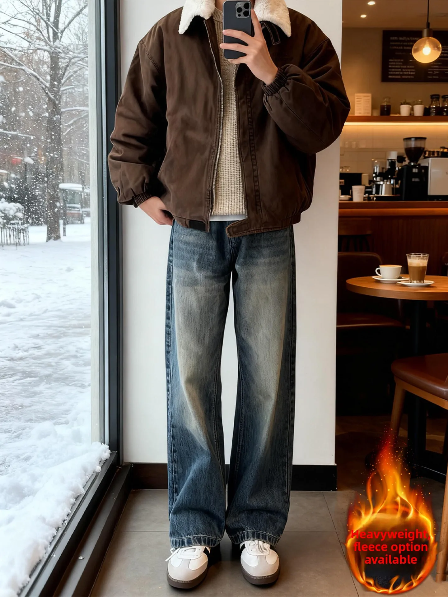 

Deep Blue Fce Lined Straight Leg Thi Denim Jeans Men's American Retro Sle Workwear Trousers Autumn Winter Cleanfit