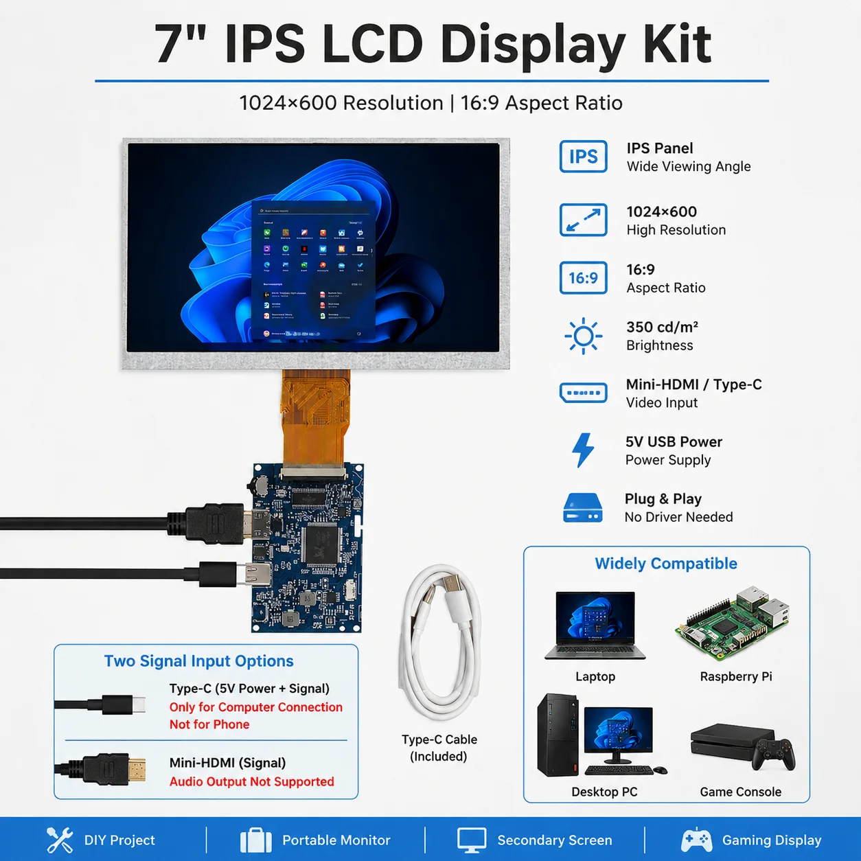 7-インチ-ポータブル-モニター-1024x600-ips-lcd-スクリーン-ディスプレイ-type-c-hdmi-入力-ラップトップ、pc、ラズベリーパイ用のセカンドディスプレイ