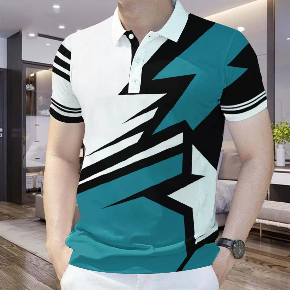 Men's Colorful 3D Printed Stripes Pattern Polo Shirt For Men Short Sleeve Tees Summer Sport Lapel Tops Oversized T-Shirts