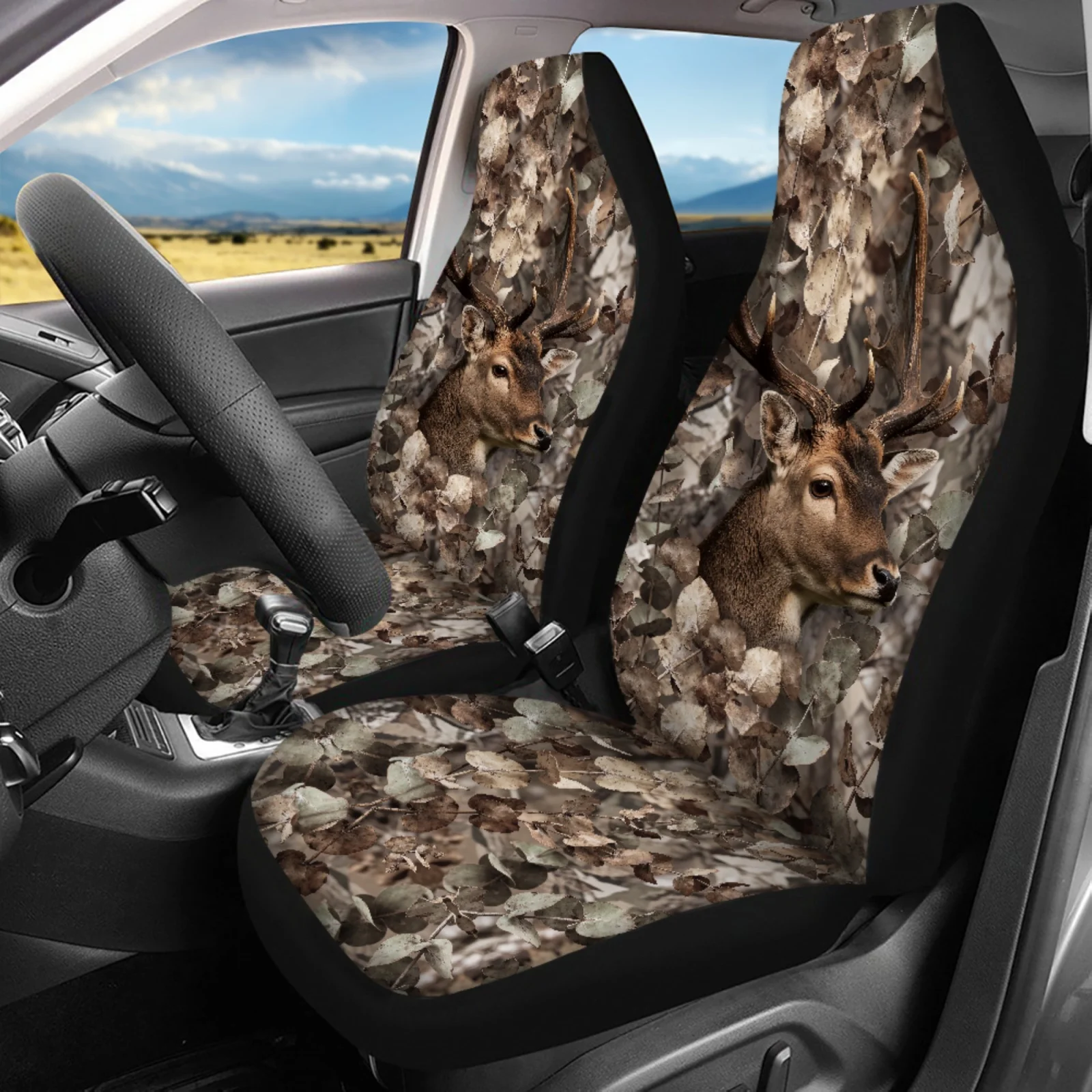 Coloranimal Deer Camo Print 14 Pcs Car Accessories Set with Washable Pillowcase for Car and Car Cup Pad for Car Interior