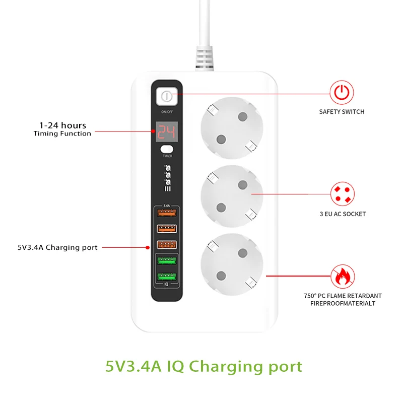 Европейский удлинитель питания с функцией таймера, розетки 3 переменного тока + 5USB 5 в а с разъемом QC3.0 для быстрой зарядки