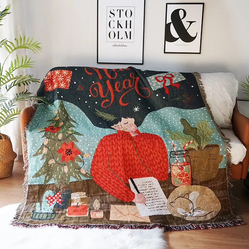Kawaii Girl Soft Throw Blanket Christmas Tree Knitted Blankets for Bed Sofa Travel Camping Kids Adults Warm New Years Gift Xmas
