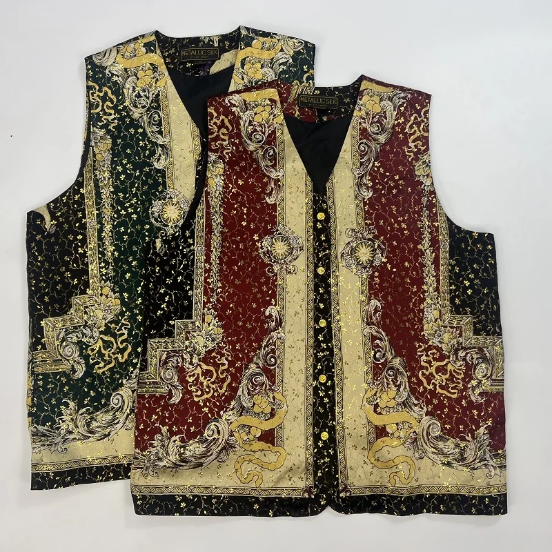 

100% шелковая свободная повседневная майка с V-образным вырезом и золотым принтом, экзотический стиль, мужская модная летняя одежда, молодежный тренд