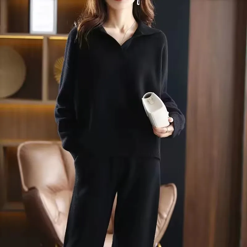 Spring and Autumn Korean Loose Collar Knitted Casual Simple Sweater Wide Leg Pants Loose Two-Piece Set for Women