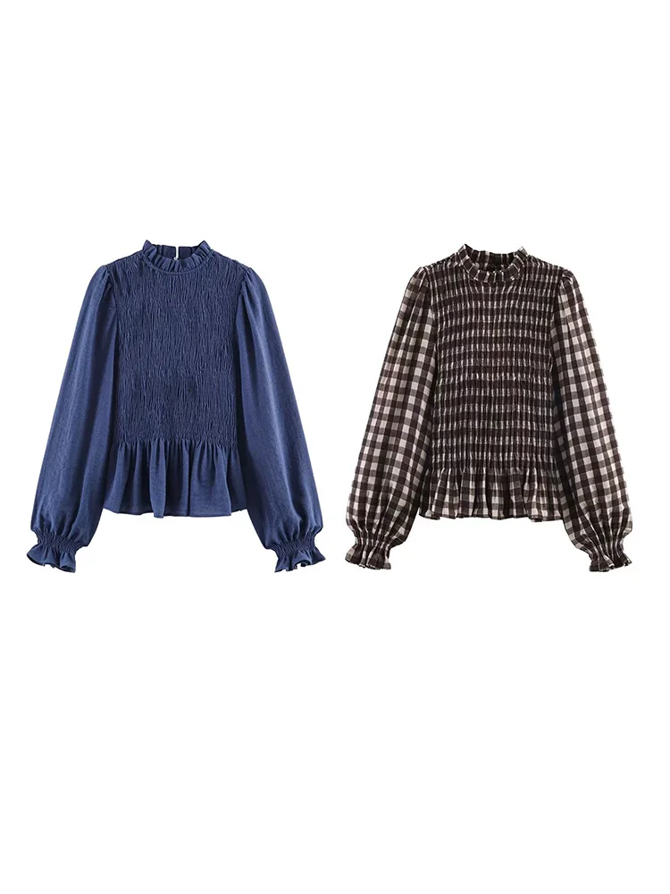 

HH Women Fashion Princess Sleeve Round Collar Honeycomb Plaid Slim Shirt Female Autumn Pleated Long Sleeve Poplin Waist Blouse