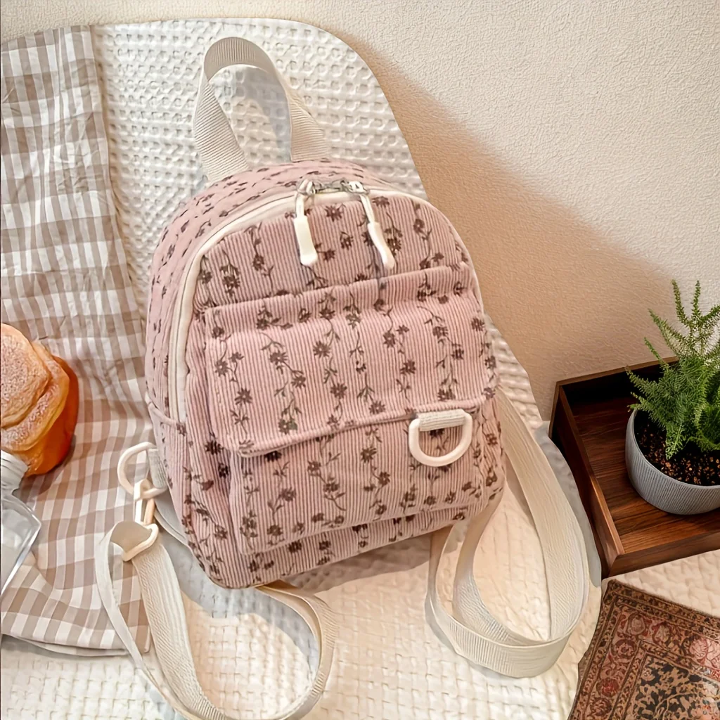 Women's Mini Backpack with Brown Floral Pattern Design and Coffee-Colored Satin Ribbon, Adjustable Shoulder Straps and Zipper Closure – Lightweight Polyester Handbag, Suitable for Travel Use