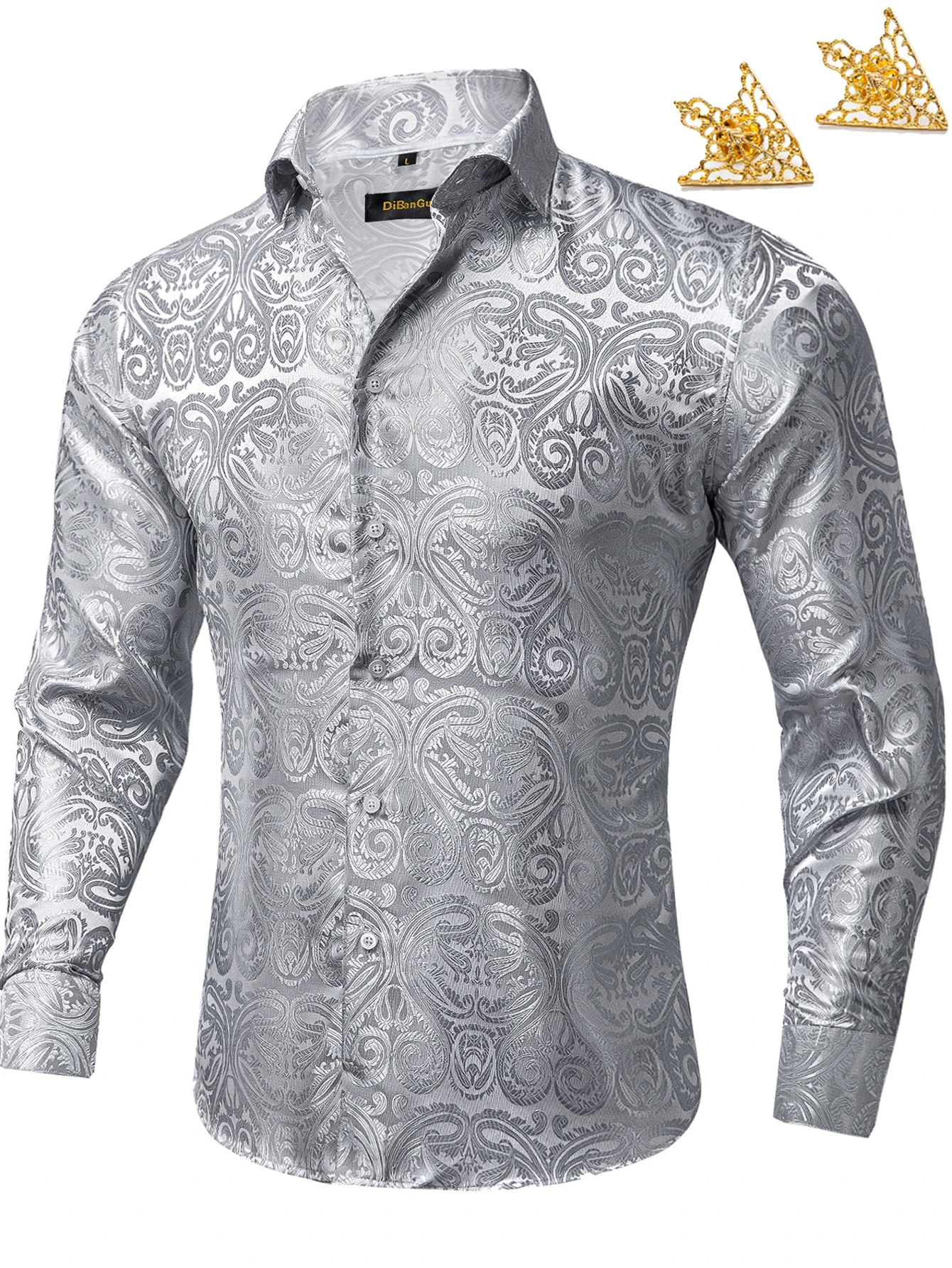 Long Sleeve Shirt for Men, Colorful Paisley Floral Print Slim Fit Button Down Dress Shirt with Collar Pin for Prom
