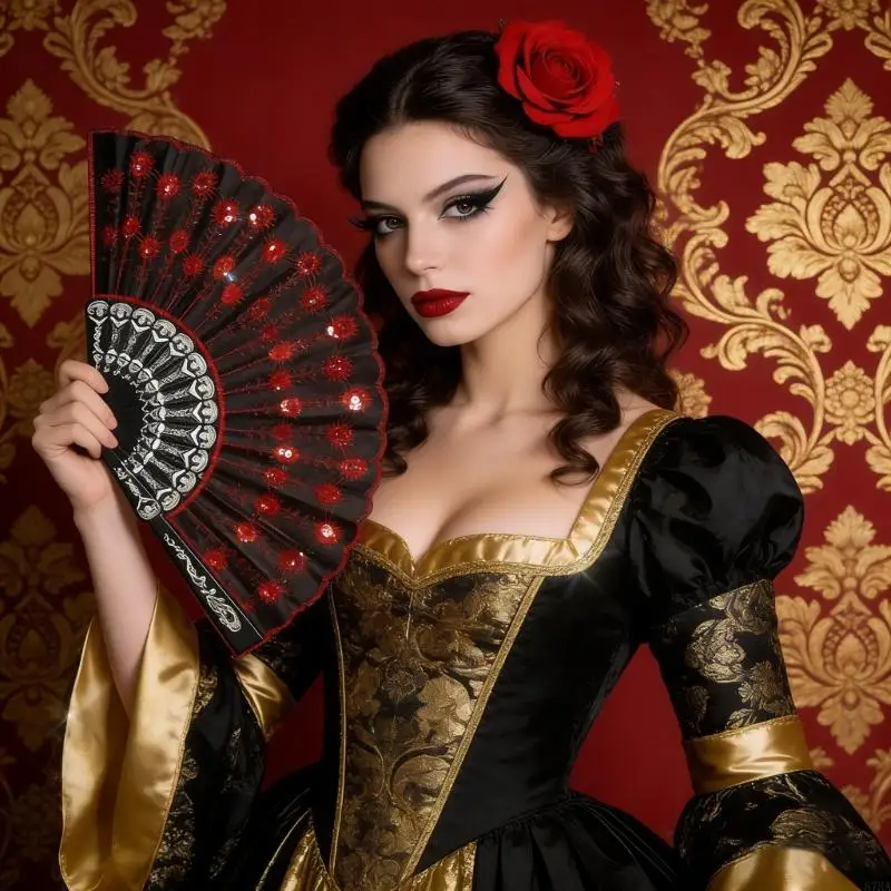 Pack Of 2 Elegant Lace Folding Hand Fan With Embroidery and Glitter Sequins For Dance Performances And Parties Decors 87HA