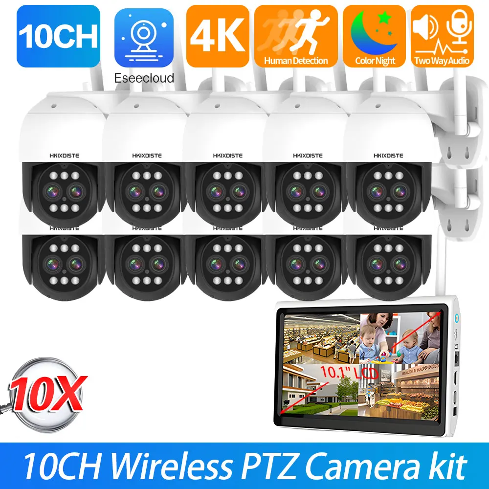 10X Zoom 4K 8MP Wireless PTZ Camera System 10.1 Inch LCD Monitor 2K HD Wifi IP Security Cameras 8CH CCTV Video Surveillance Kit