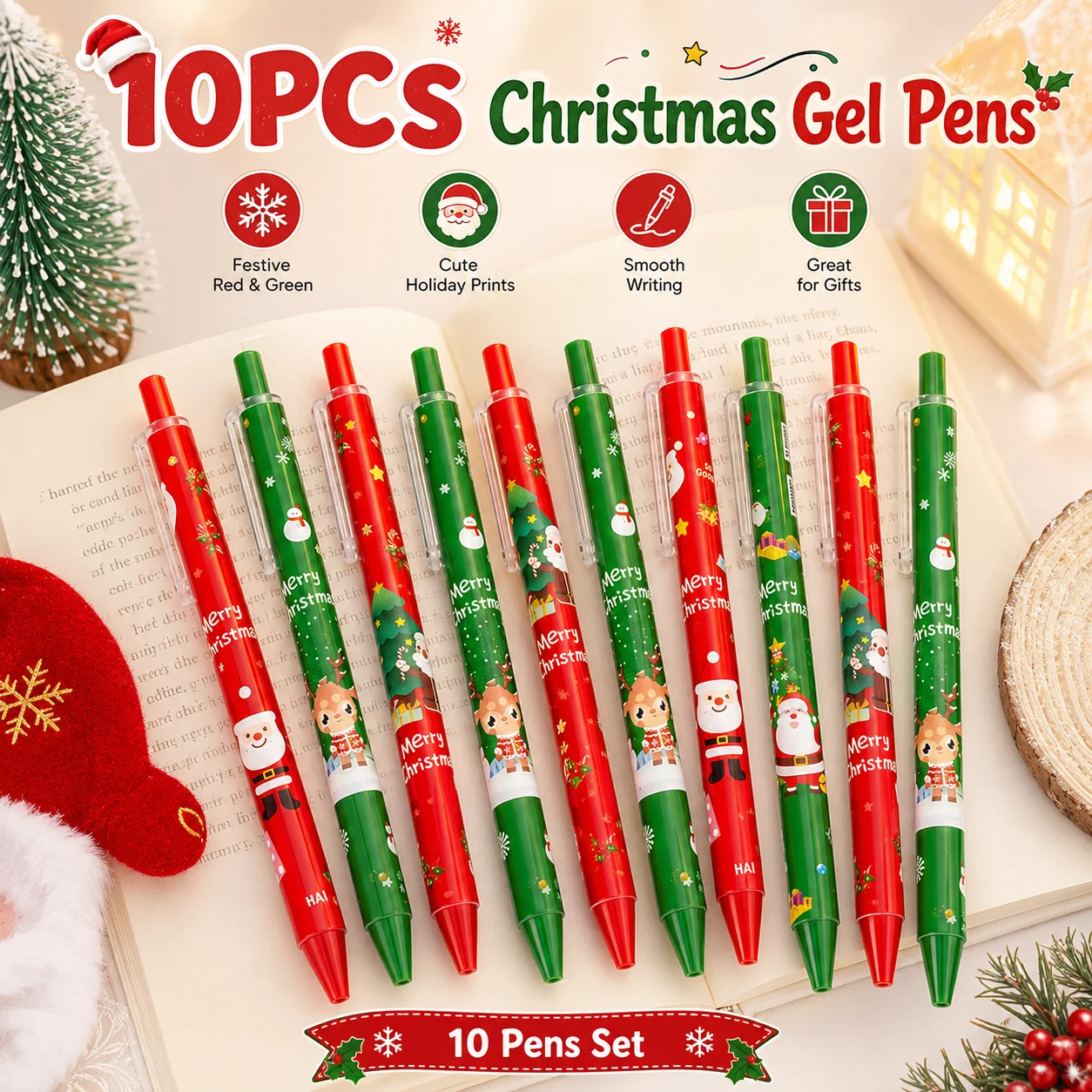 10-Pack of Christmas Cartoon Retractable Gel Pens, with Creative Christmas-Themed Designs, Exquisite Printed Patterns on the Pen Body, Smooth Ink Flow That Doesn'T Smudge the Paper, Simple Press Design for Easy Portability, Suitable for Students and Office Use, Ideal as a Christmas Gift, Both Surprising and Practical.