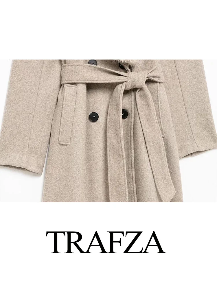 Trafza feminino nova moda jaquetas sólido turn-down colarinho mangas compridas cinto bolsos duplo breasted feminino inverno casacos casuais