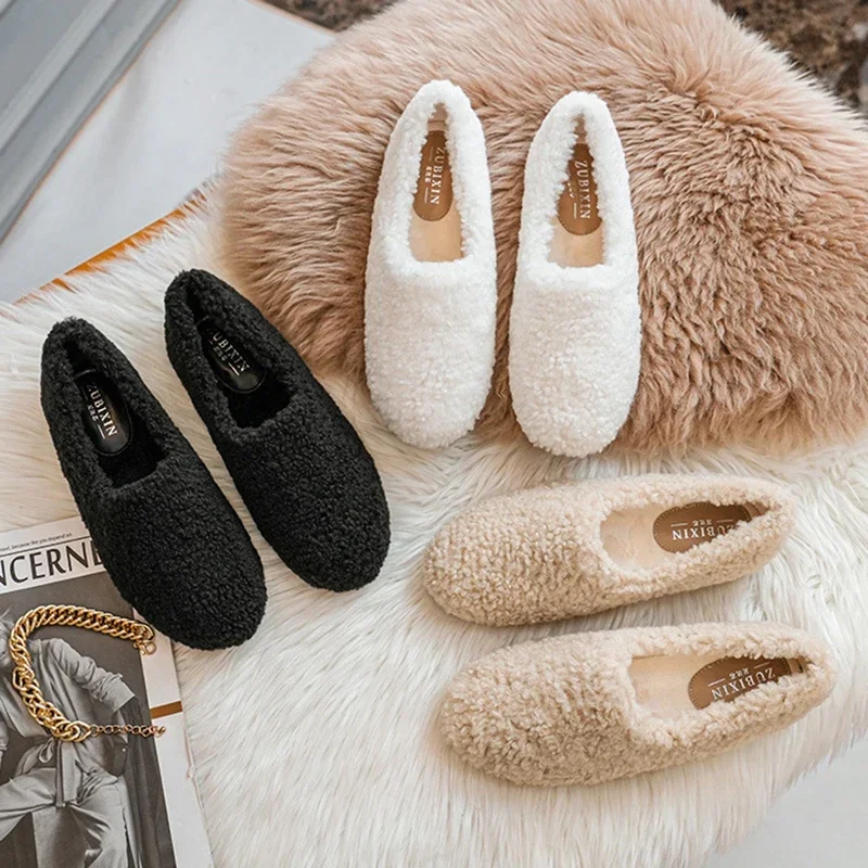 

Round Toe Lamb fur shoes woman 41-43 big size furry mocasines warm winter shoes female lambwool slip on loafers curly fur flats