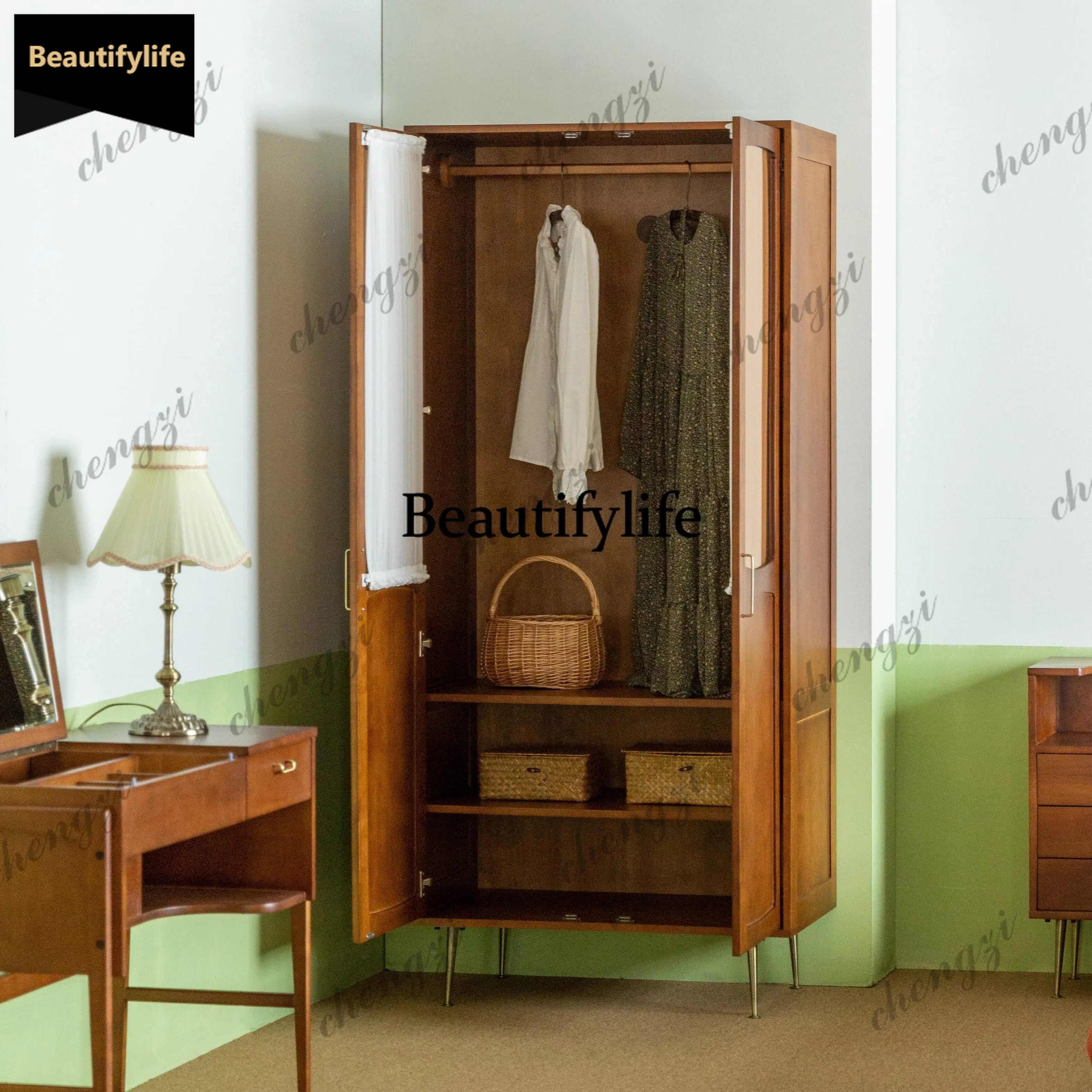 Double-sided cabinet door Log color rubber wood wardrobe Bedroom home, Nordic Japanese style, office wardrobe b567