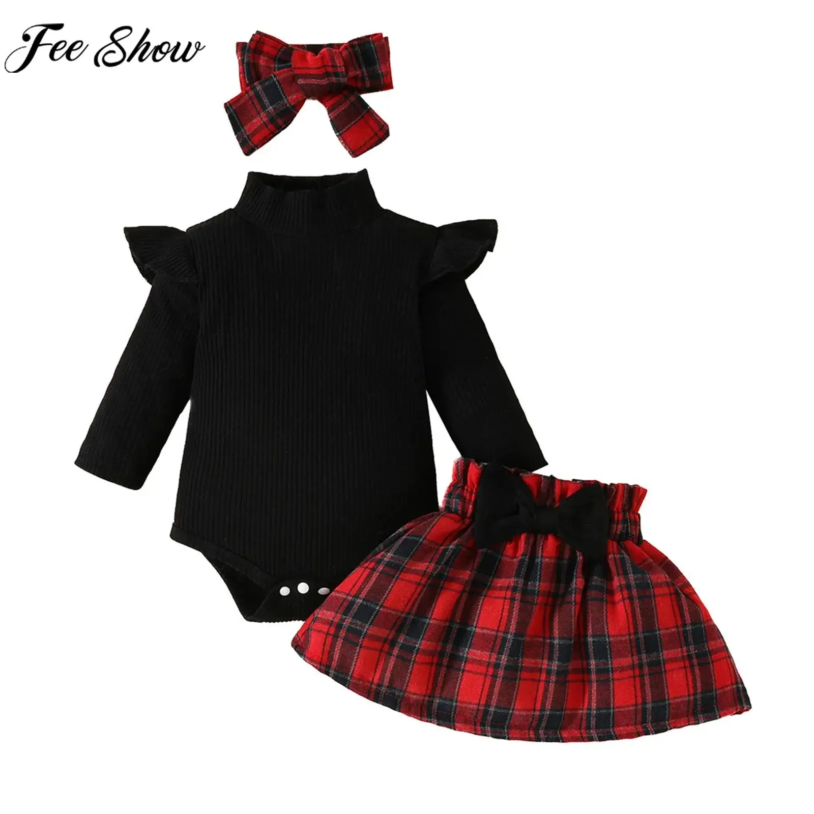 

Toddler Girls Long Sleeve Romper with Plaid Skirt Headband Spring Autumn Fashion Casual Outfit for Daily Homewear Photography