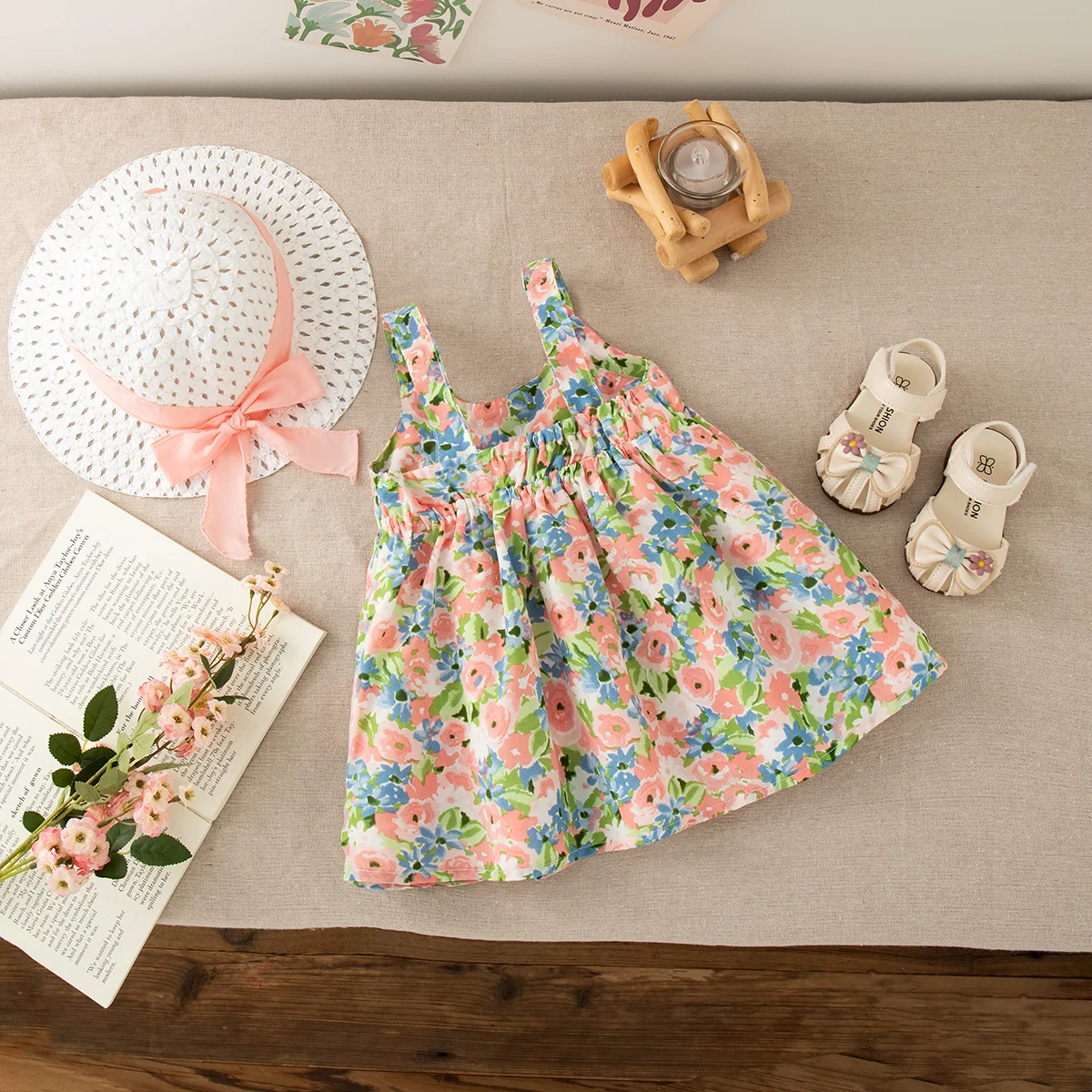 Summer Baby Girl Outfit Set Send A Hat Korean Style Sweet Lovely Pink Big Bow Floral Printed Toddler Beach Suspender Dress