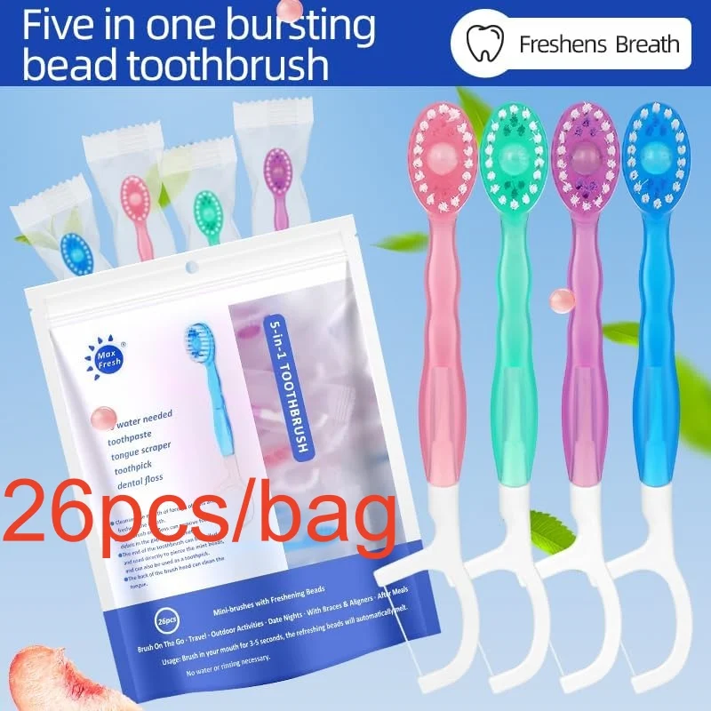 Mini Disposable Toothbrushes 26 pcs 5 in 1 Travel Portable Toothbrush with Toothpaste + Tongue Scraper + Picks+Floss