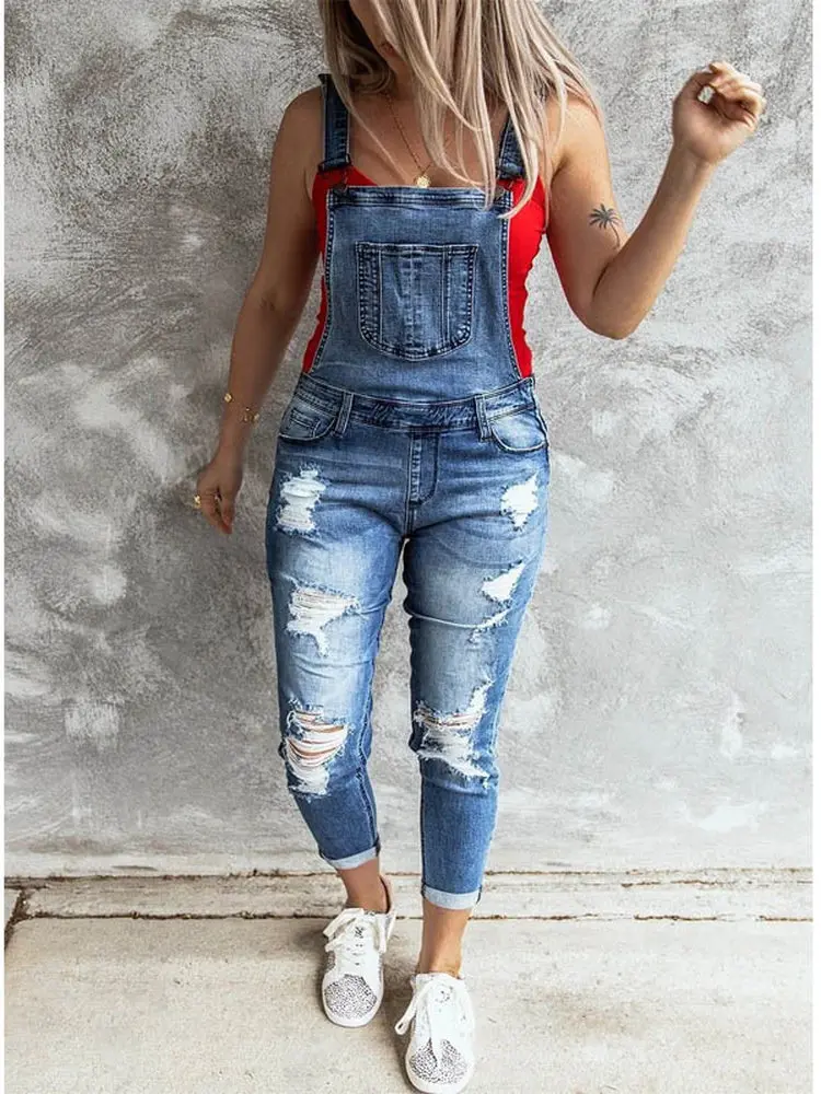 

Retro Hole Elastic Denim Overalls High Waist Long Pants Women's Jumpsuit Cotton Fabric Commute Style Spring Season