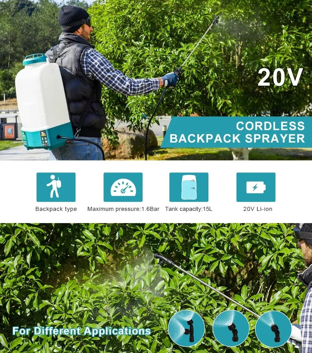 20V Cordless Backpack Sprayer 15L Lithium Ion Electric Farm Pump Sprayer for Pest Control Fast Shipping