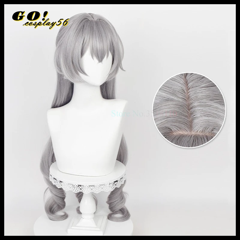

Rail Bronya Cosplay Wig Grey Long Curly Hair Heat Resistant Synthetic Scalp Bangs 2023 Game Headwear