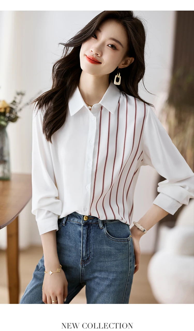 Lo más nuevo de 2025, moda de primavera, blusa de gasa de manga larga empalmada para mujer, camisa informal OL de oficina con cuello vuelto elegante, Tops para mujer