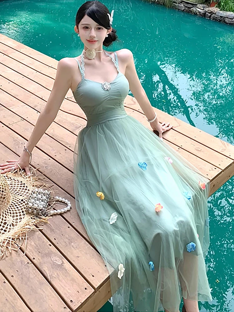 レディース グリーン メッシュ パッチワーク 花柄 スリング セクシー ロングドレス サマー エレガント ラグジュアリー イブニングドレス 2025 韓国 ボディコン フェスティバル ドレス