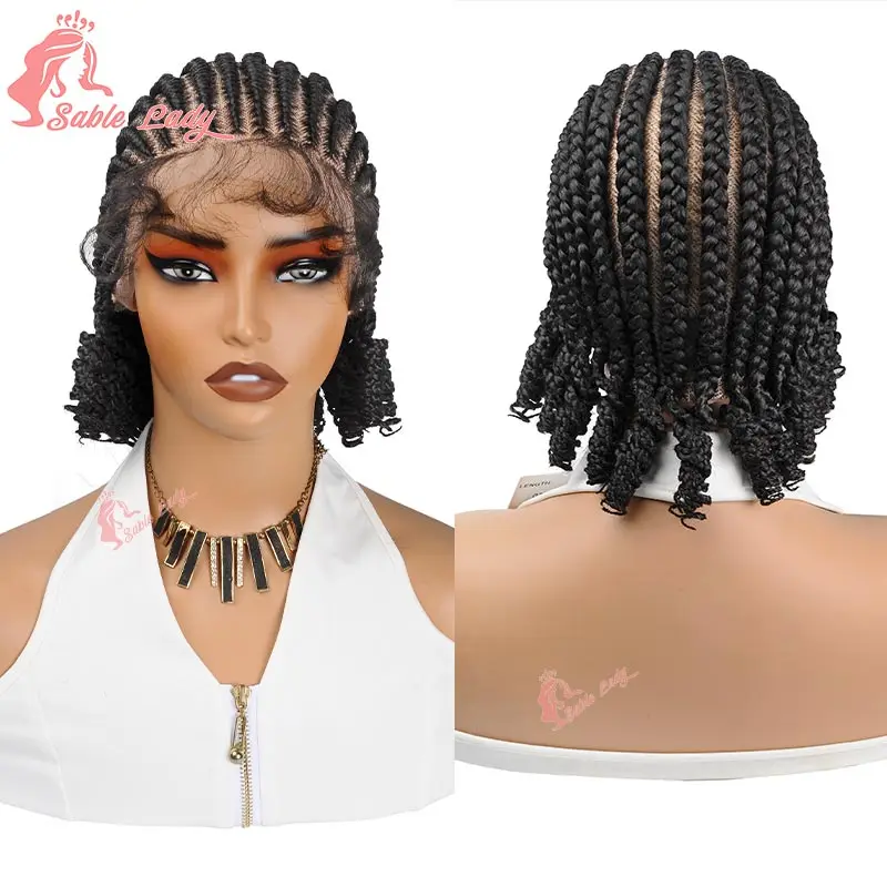 Handmade Short Bob Cornrow Braided Wigs Synthetic Glueless HD Full Lace Knotless Box Braided Wig With Curly Ends