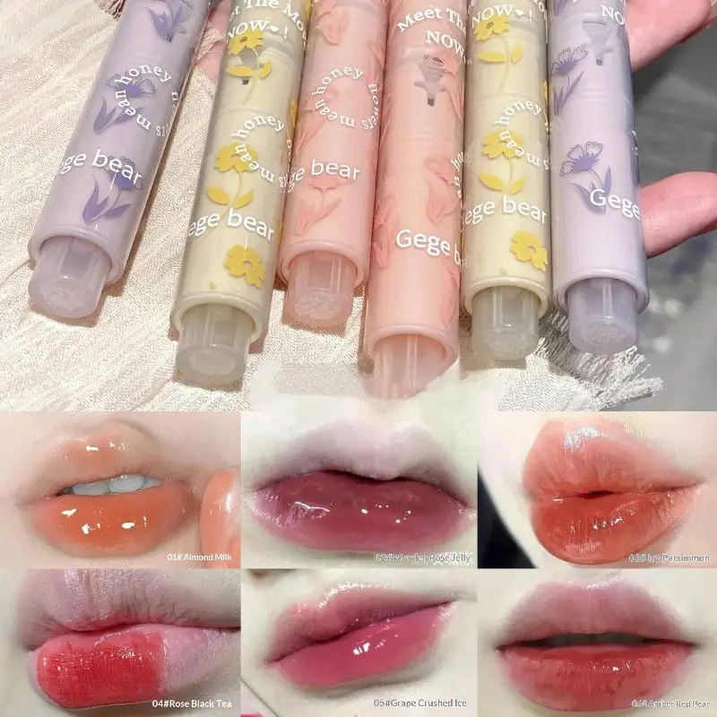 Gege urso lábio esmalte espelho glitter matiz labial de longa duração hidratante amor coração forma sólida batom caneta lábios maquiagem cosméticos