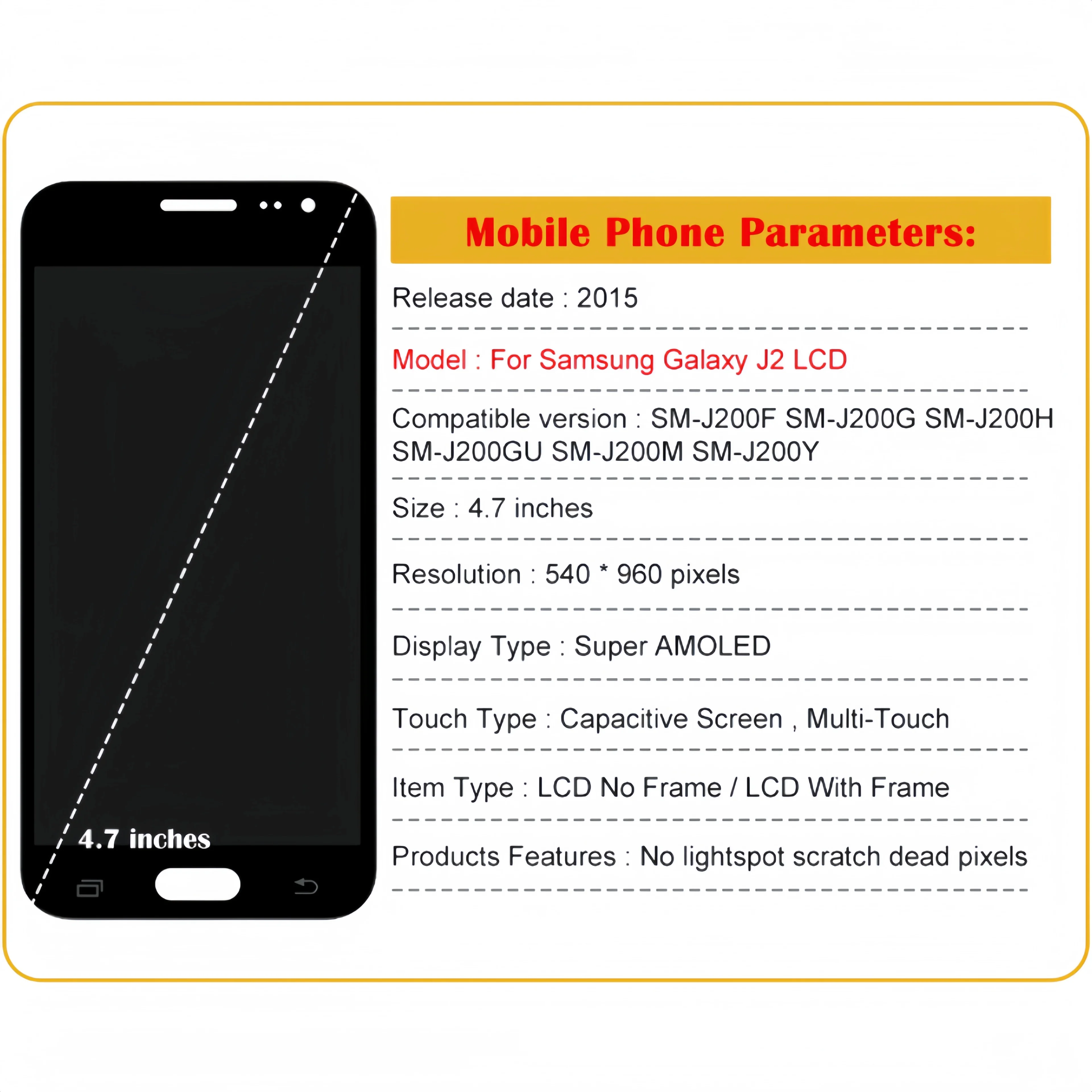 LCD Display Touch Screen Digitizer Assembly Replacement, Samsung Galaxy J2 2015, J200, SM-J200F, J200G, J200H,J200GU,J200M,J200Y