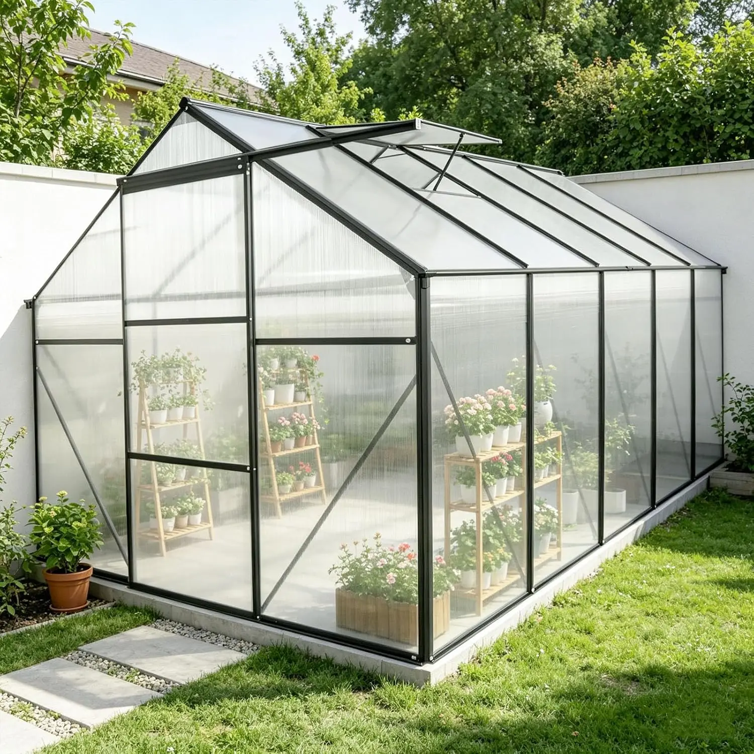 6x10ft Outdoor Greenhouse with Vent & Gutter, Walk-in Polycarbonate Plant Shelter for Garden, Customized