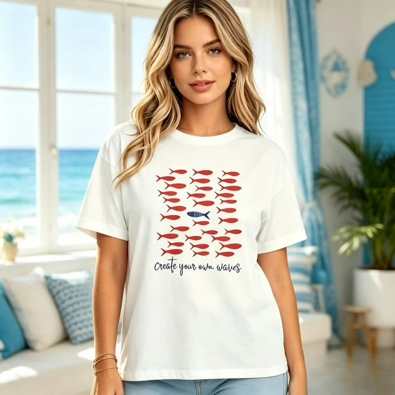 Create Your Own Waves Fish Print Women Modal T‑Shirt Ocean Inspirational Graphic Tee Daily Outdoor Holiday Streetwear
